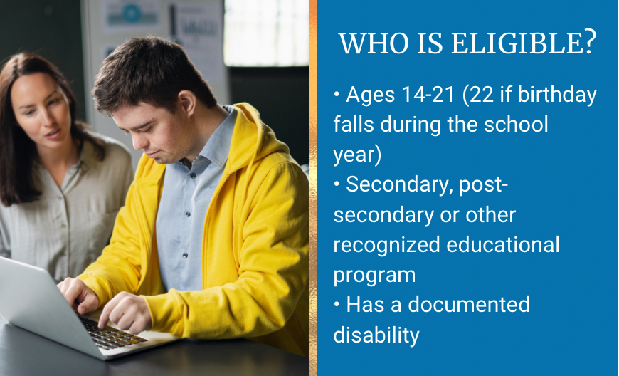 Who is Eligible for Pre-ETS? Ages 14-21 (22 fi birthday falls during the school year) Secondary, post-secondary or other recognized educational program. Has a documented disability